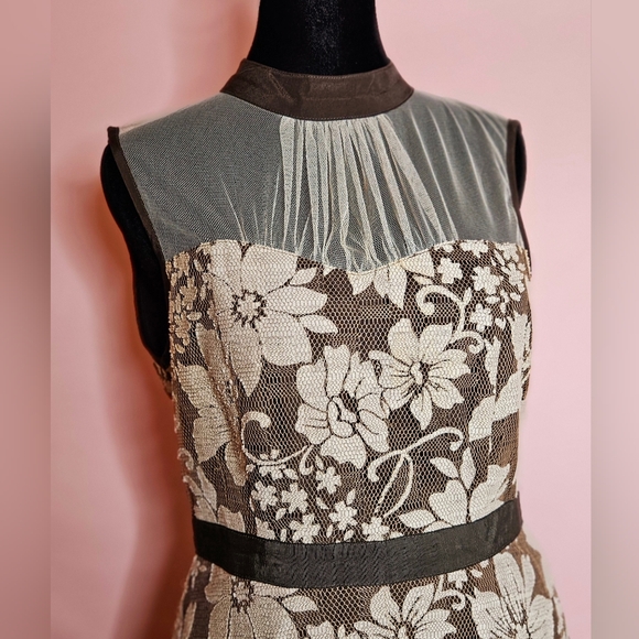 Altar'd State Women's Brown & Cream Floral Lace Dress - Size M - Mesh Yoke & Tul - Picture 10 of 14